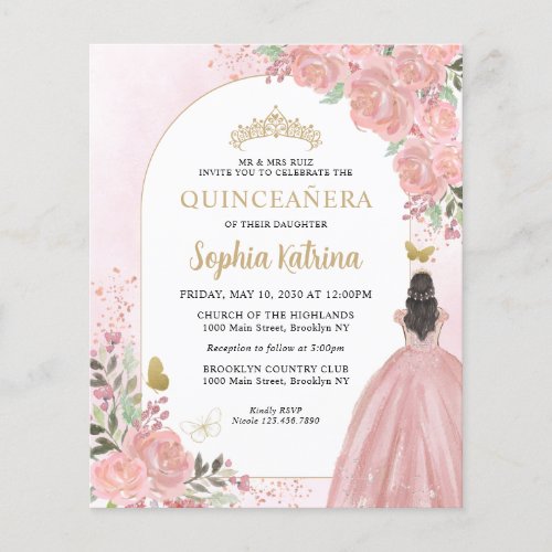 Cheap Floral Blush Pink Gold Princess Quinceanera Flyer