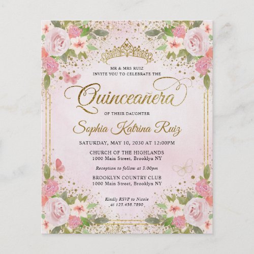 Cheap Floral Blush Pink Gold Tiara Quinceaera Flyer
