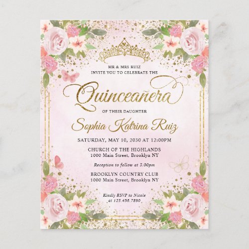 Cheap Floral Blush Pink Gold Tiara Quinceaera Flyer