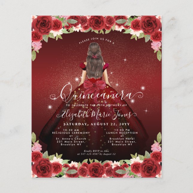 Cheap Floral Burgundy Gold Princess Quinceanera Flyer (Front)