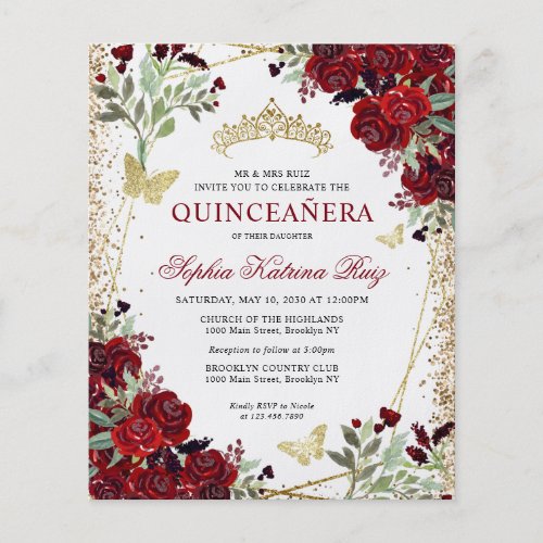 Cheap Floral Burgundy Gold Quinceaera Invite Flyer