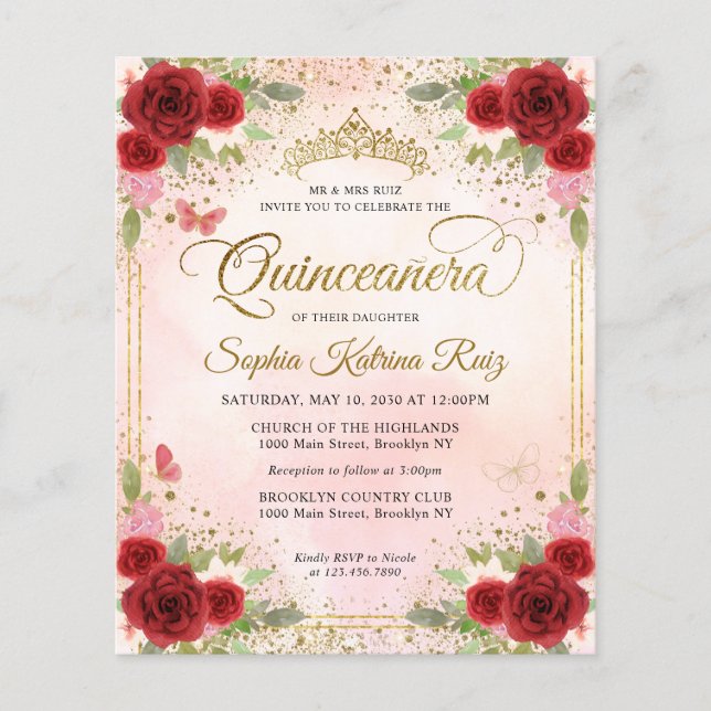 Cheap Floral Burgundy Pink Gold Tiara Quinceañera Flyer (Front)