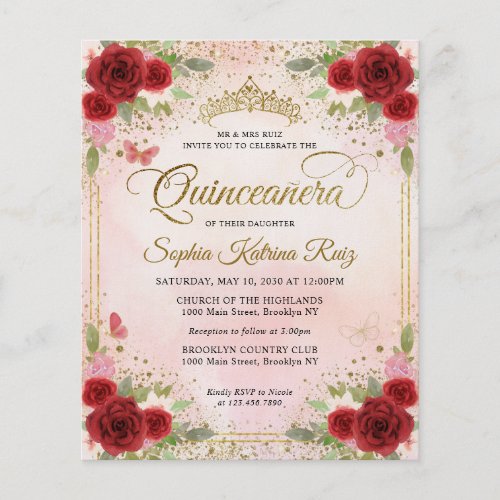 Cheap Floral Burgundy Pink Gold Tiara Quinceaera Flyer