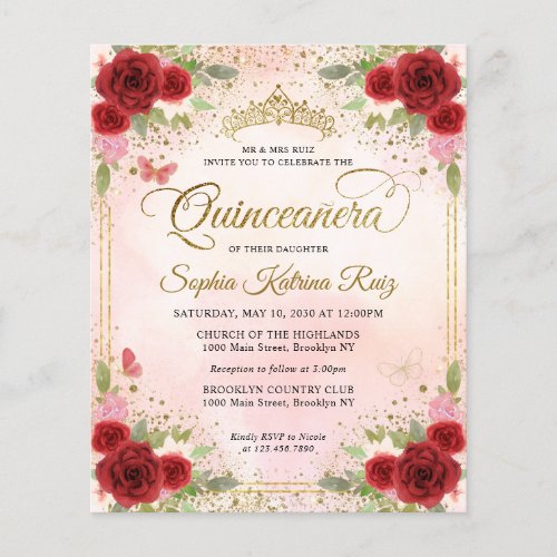 Cheap Floral Burgundy Pink Gold Tiara Quinceaera Flyer