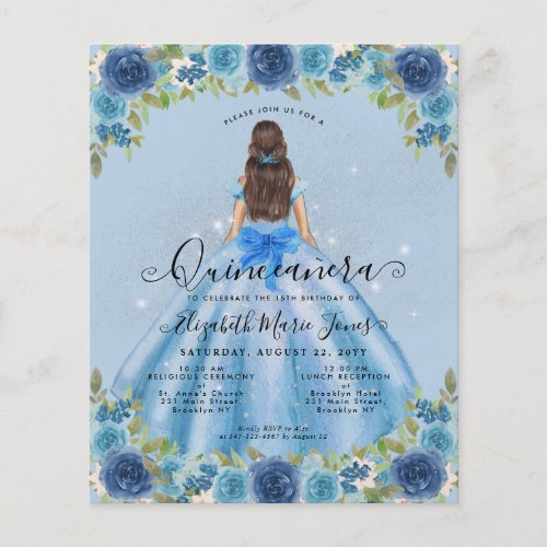 Cheap Floral Dusty Blue Gray Princess Quinceanera Flyer