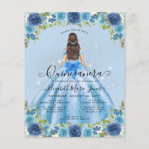 Cheap Floral Dusty Blue Gray Princess Quinceanera Flyer