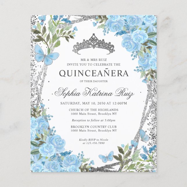 Cheap Floral Dusty Blue Silver Quinceañera Invite Flyer (Front)