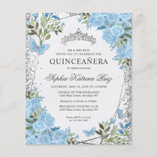 Cheap Floral Dusty Blue Silver Quinceaera Invite Flyer