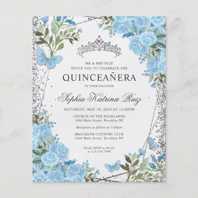 Cheap Floral Dusty Blue Silver Quinceañera Invite Flyer | Zazzle