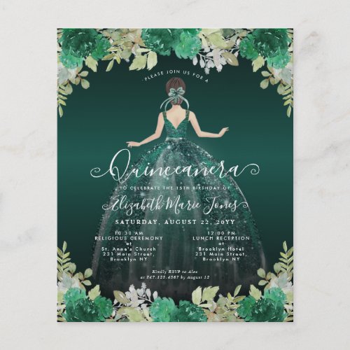 Cheap Floral Green Dress Gown Quinceanera Invite Flyer