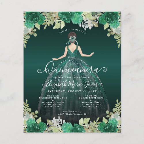 Cheap Floral Green Dress Gown Quinceanera Invite Flyer