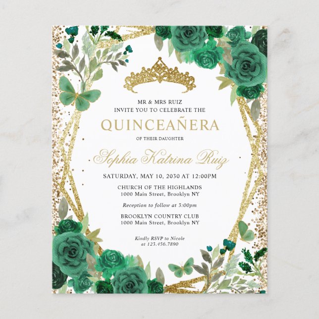 Cheap Floral Green Gold Tiara Quinceañera Invite Flyer (Front)