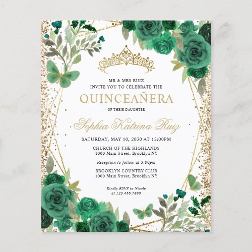Cheap Floral Green Gold Tiara Quinceaera Invite Flyer