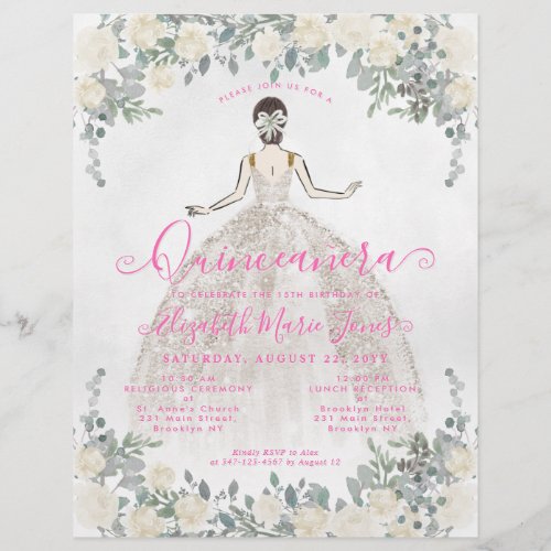 Cheap Floral Ivory Hot Pink Princess Quinceanera Flyer