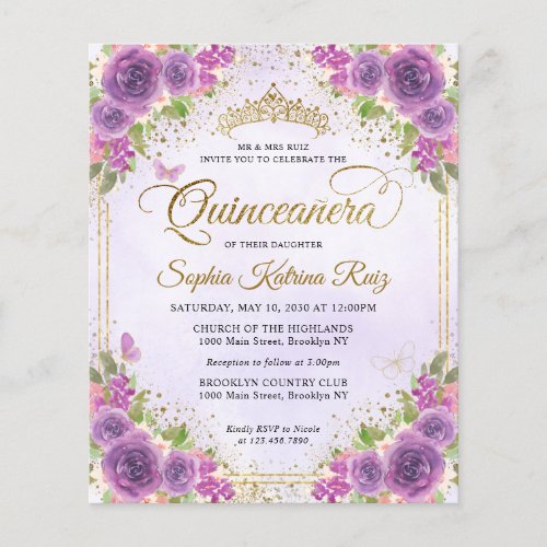 Cheap Floral Light Purple Gold Tiara Quinceaera Flyer
