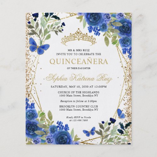 Cheap Floral Navy Blue Gold Quinceaera Invite Flyer