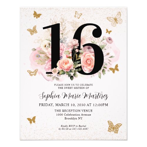 Cheap Floral Pink Gold Butterfly Sweet 16 Birthday Flyer