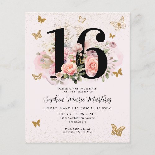 Cheap Floral Pink Gold Butterfly Sweet 16 Birthday Flyer