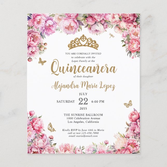Cheap Floral Pink Gold Glitter Tiara Quinceañera Flyer (Front)