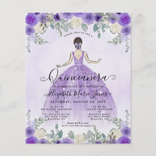 Cheap Floral Purple Princess Birthday Quinceanera Flyer