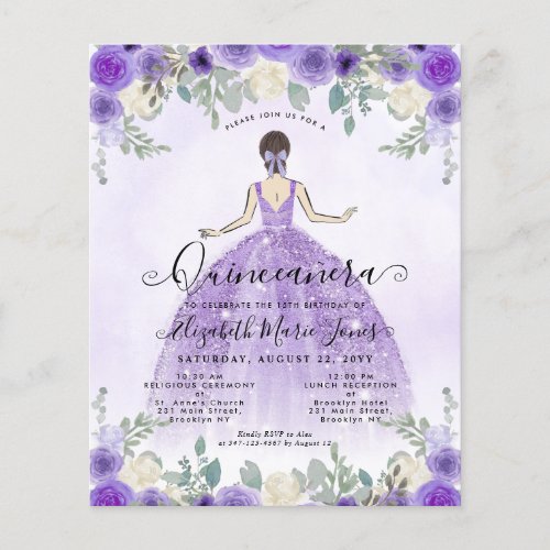 Cheap Floral Purple Princess Birthday Quinceanera Flyer