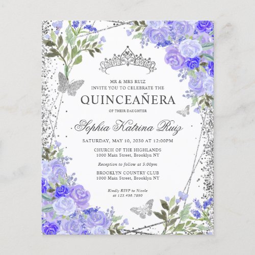 Cheap Floral Purple Silver Quinceaera Invite Flyer