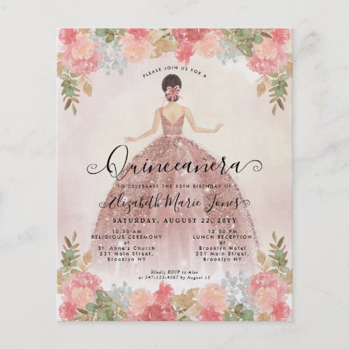 Cheap Floral Rose Gold Pink Princess Quinceanera Flyer