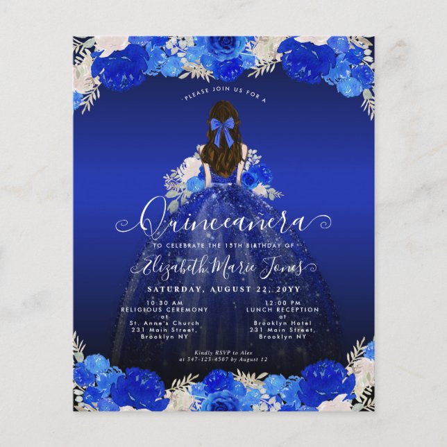 Cheap Floral Royal Blue Dress Quinceanera Invite Flyer (Front)