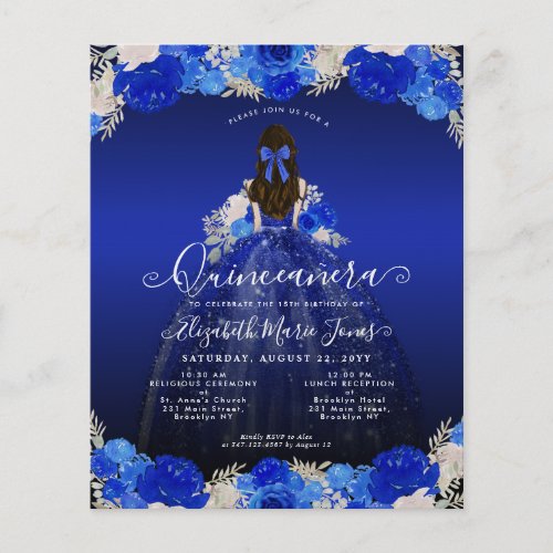 Cheap Floral Royal Blue Dress Quinceanera Invite Flyer