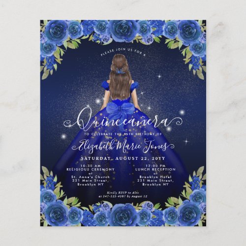Cheap Floral Royal Blue Gold Princess Quinceanera Flyer