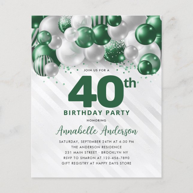 Cheap Green Silver Balloon Glitter 40th Birthday Flyer (Front)