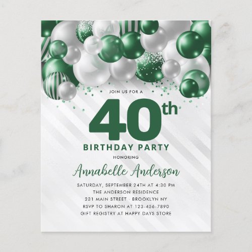 Cheap Green Silver Balloon Glitter 40th Birthday Flyer