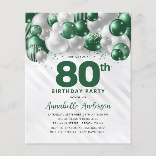 Cheap Green Silver Balloon Glitter 80th Birthday Flyer
