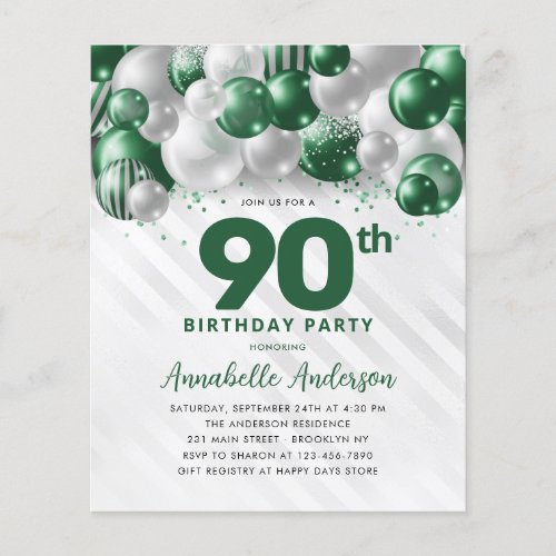 Cheap Green Silver Balloon Glitter 90th Birthday Flyer