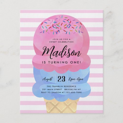 Cheap Ice Cream Cone Blush Pink Blue Kids Birthday Flyer