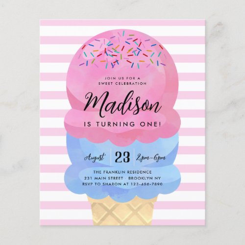 Cheap Ice Cream Cone Blush Pink Blue Kids Birthday Flyer