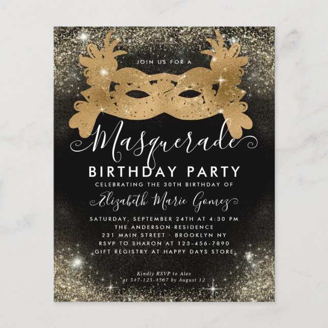 Cheap Masquerade Black Gold Glam Glitter Birthday Flyer (Front)
