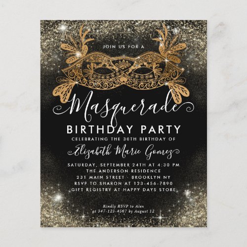Cheap Masquerade Black Gold Glam Glitter Birthday Flyer