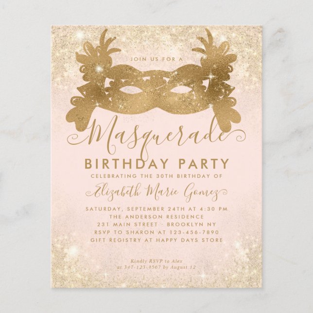Cheap Masquerade Blush Pink Gold Glitter Birthday Flyer (Front)