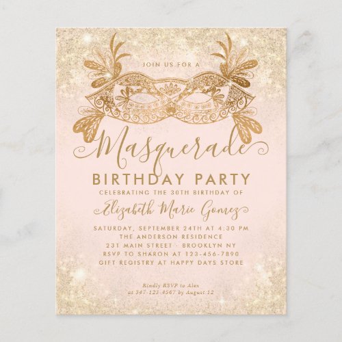 Cheap Masquerade Blush Pink Gold Glitter Birthday Flyer