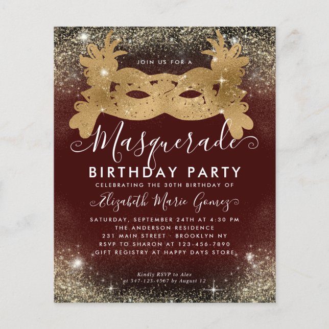 Cheap Masquerade Burgundy Gold Glitter Birthday Flyer (Front)