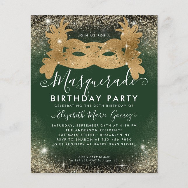 Cheap Masquerade Green Gold Glam Glitter Birthday Flyer (Front)