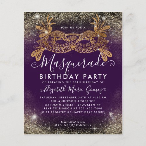 Cheap Masquerade Purple Gold Glam Glitter Birthday Flyer