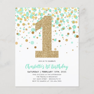 Cheap Mint Green Gold Confetti Girl 1st Birthday Flyer