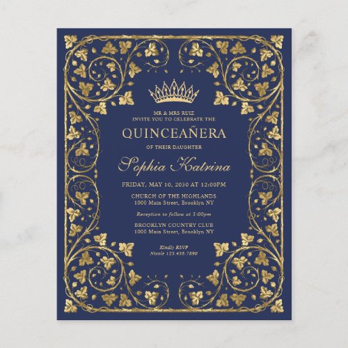 Cheap Navy Blue Floral Gold Tiara Quinceanera Flyer