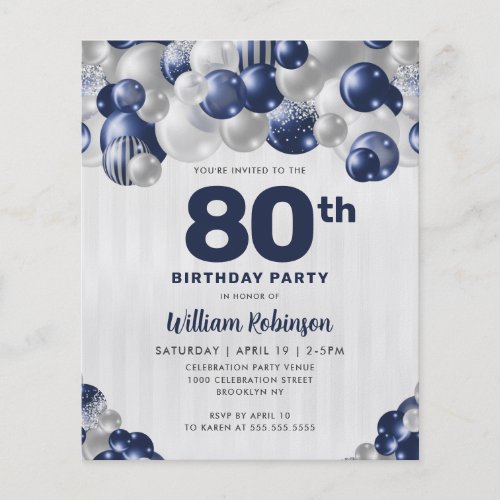 Cheap Navy Blue Silver Glitter Balloon Birthday Flyer
