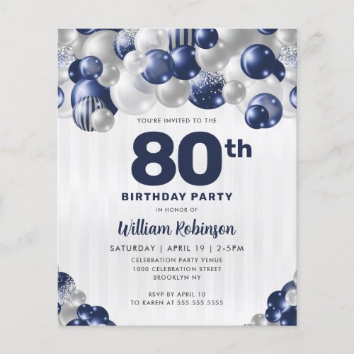 Cheap Navy Blue Silver Glitter Balloon Birthday Flyer