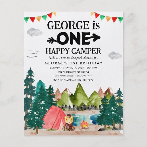 Cheap ONE Happy Camper Woods Camping 1st Birthday Flyer