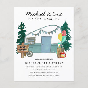 Cheap One Happy Camper Woods Camping 1st Birthday Flyer