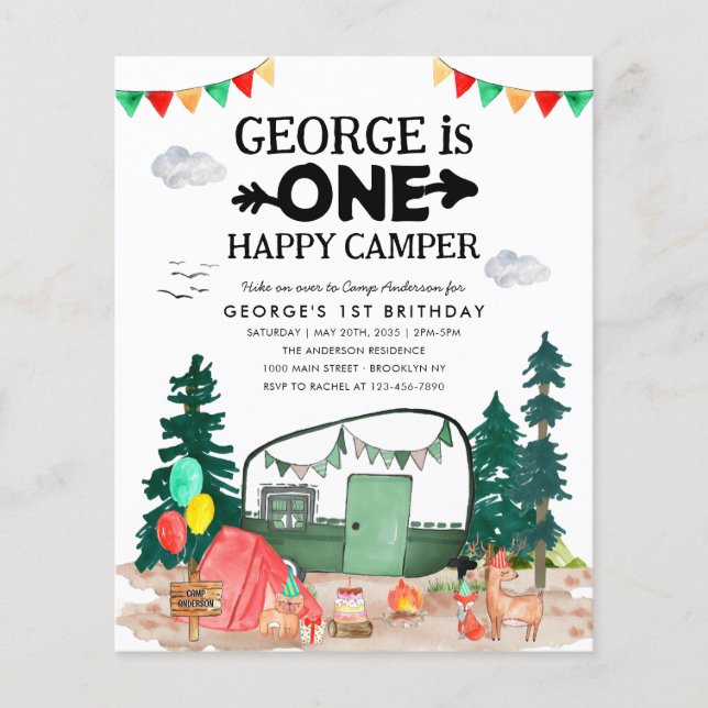 Cheap ONE Happy Camper Woods Camping 1st Birthday Flyer (Front)